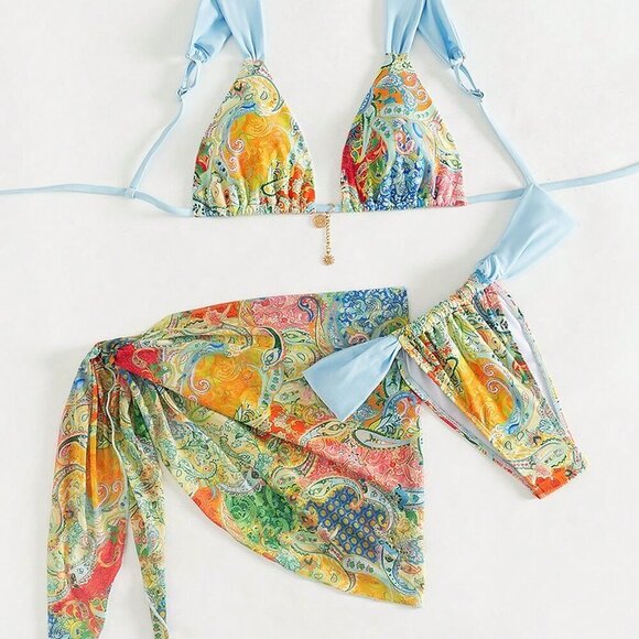 Multicolor Boho Women's Paisley Print Lightweight 3-Piece Bikini Set - Picture 6 of 6